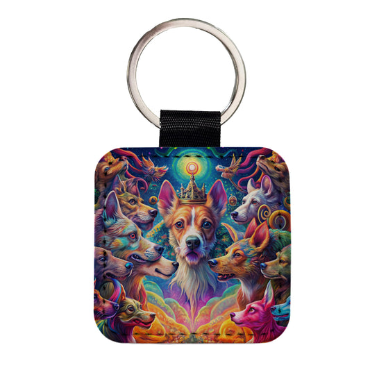 Psychedelic Lots of Dogs Vibrant Colors Square Faux Leather Keychain