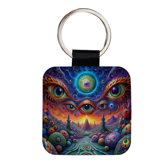 Psychedelic Lots of Eyes Vibrant Colors Square Faux Leather Keychain
