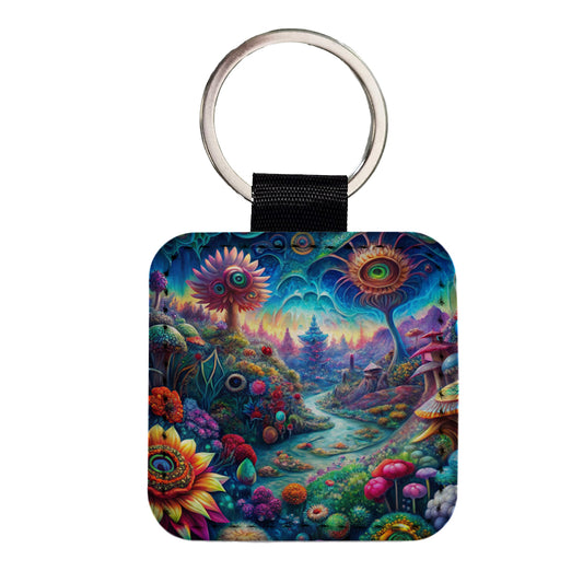 Psychedelic Lots of Flowers Vibrant Colors Square Faux Leather Keychain