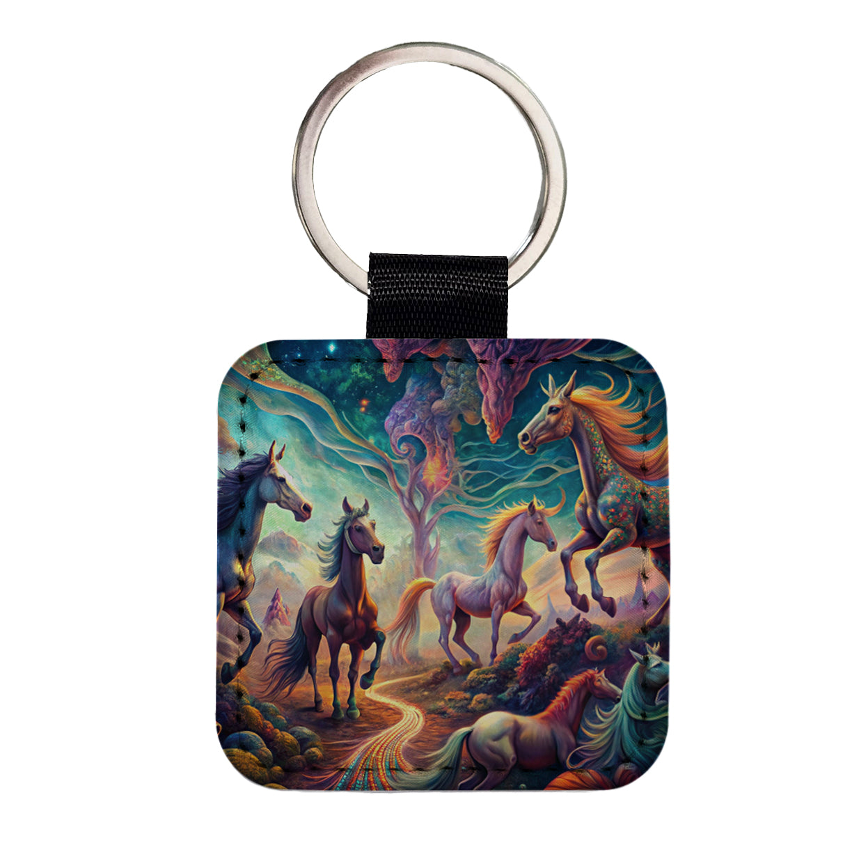 Psychedelic Lots of Horses Vibrant Colors Square Faux Leather Keychain