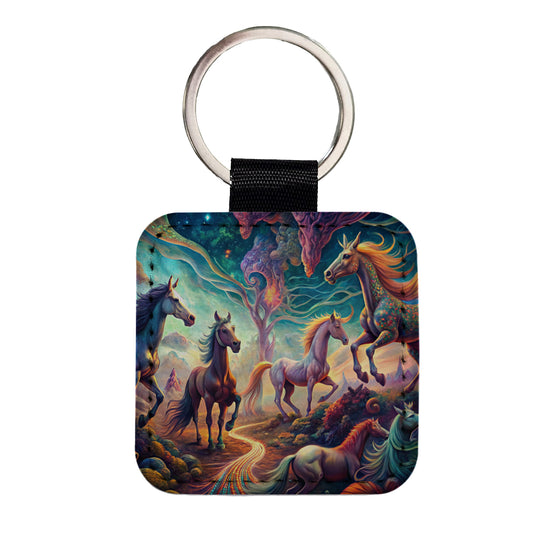 Psychedelic Lots of Horses Vibrant Colors Square Faux Leather Keychain