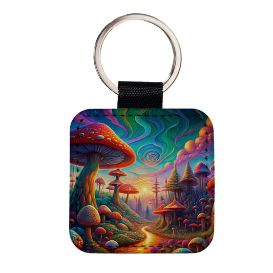 Psychedelic Lots of Mushrooms Vibrant Colors Square Faux Leather Keychain