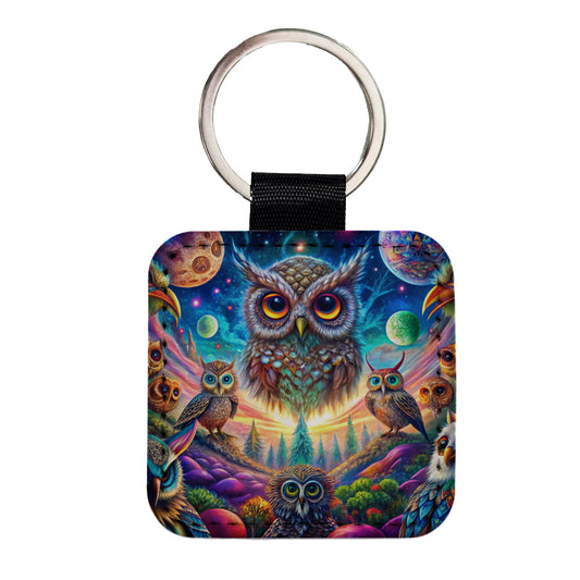 Psychedelic Lots of Owls Vibrant Colors Square Faux Leather Keychain