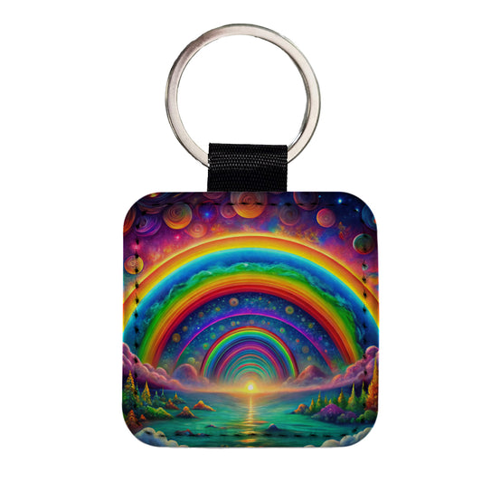 Psychedelic Lots of Rainbows Colors Square Faux Leather Keychain