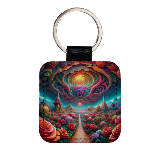 Psychedelic Lots of Roses Vibrant Colors Square Faux Leather Keychain