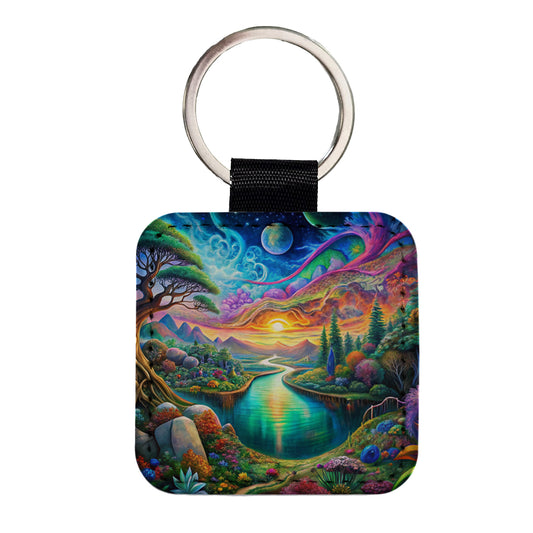Psychedelic Nature Lake Vibrant Colors Square Faux Leather Keychain