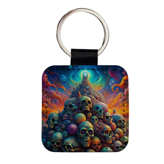 Psychedelic Pile Of Skulls Vibrant Colors Square Faux Leather Keychain