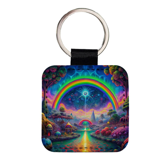 Psychedelic Rainbow Scene Square Faux Leather Keychain