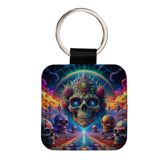 Psychedelic Skulls Design Square Faux Leather Keychain