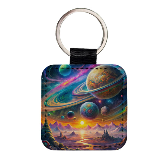 Psychedelic Solar System Space Design Square Faux Leather Keychain