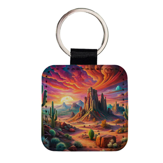 Psychedelic Southwest Desert Scene Square Faux Leather Keychain