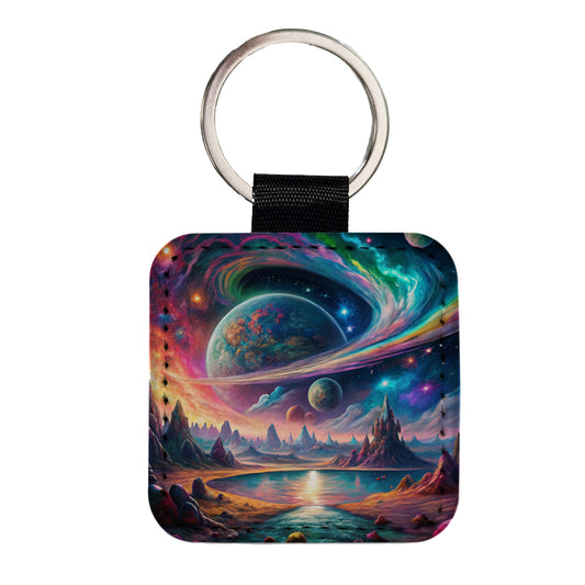 Psychedelic Space Galaxy Planet Vibrant Colors Square Faux Leather Keychain