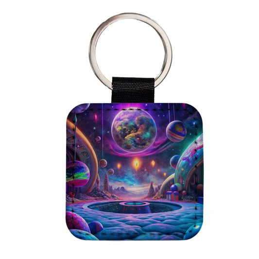 Psychedelic Space Planets Design Square Faux Leather Keychain