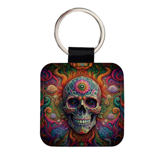 Psychedelic Sugar Skull Day of the Dead Square Faux Leather Keychain