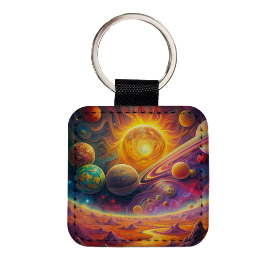 Psychedelic Sun And Planets Solar System Square Faux Leather Keychain