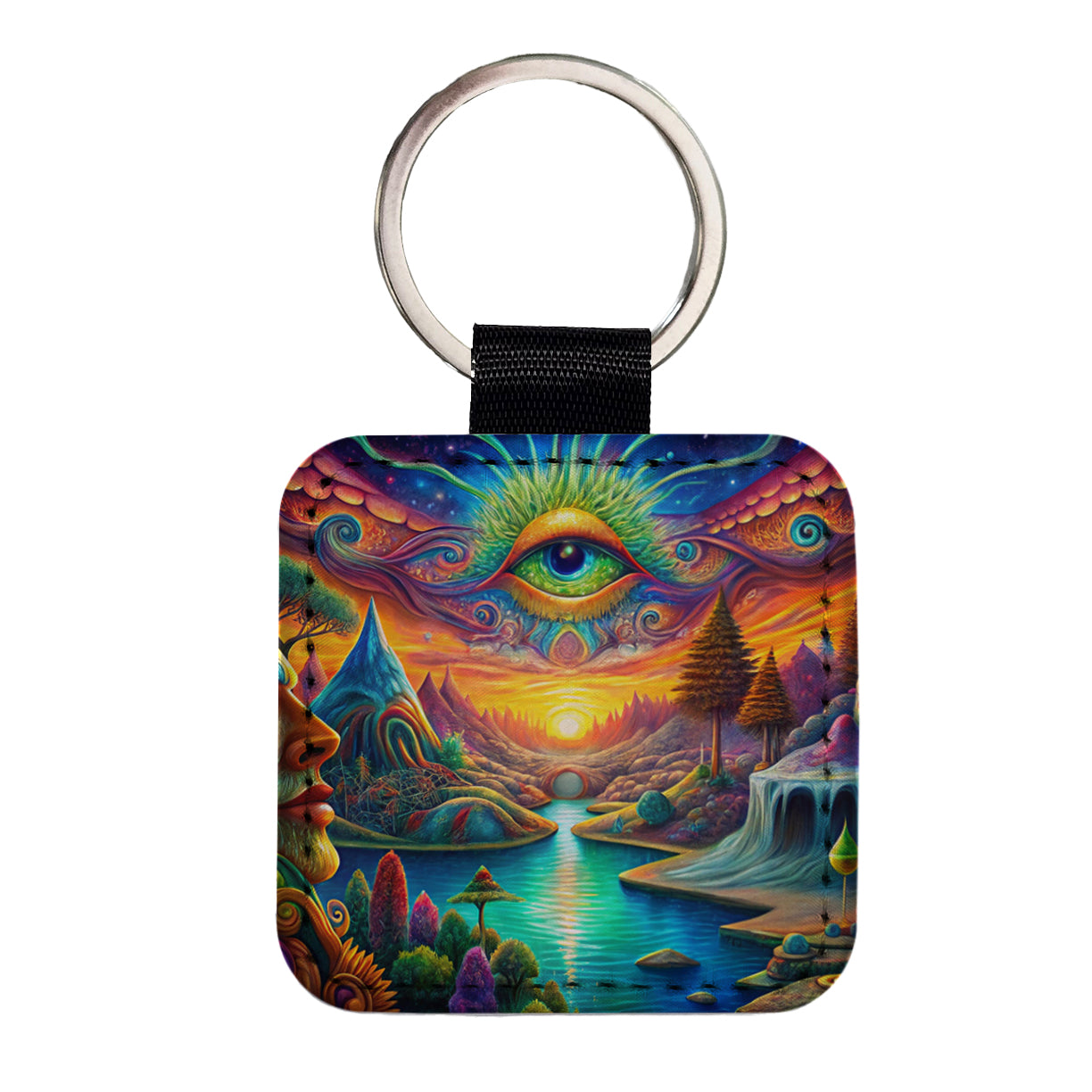 Psychedelic Trippy Artsy Design Square Faux Leather Keychain
