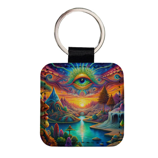Psychedelic Trippy Artsy Design Square Faux Leather Keychain