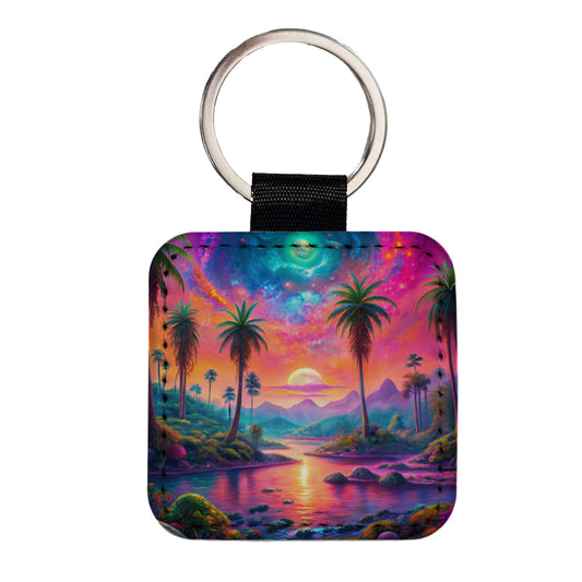 Psychedelic Tropical Palm Trees Colorful Scene Square Faux Leather Keychain