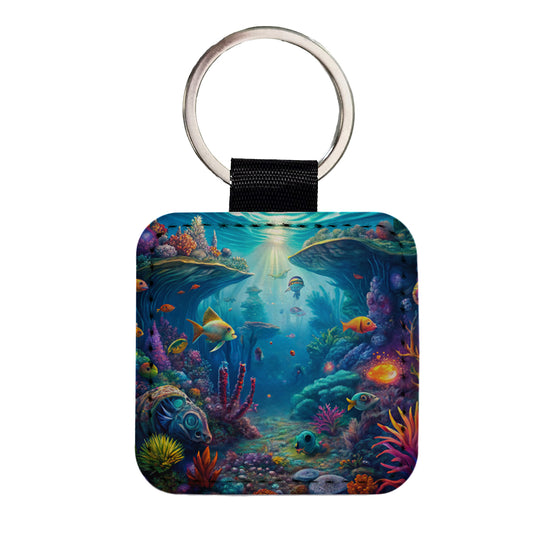 Psychedelic Underwater Ocean Scene Square Faux Leather Keychain