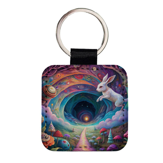 Psychedelic Wonderland White Rabbit Going Down The Hole Square Faux Leather Keychain