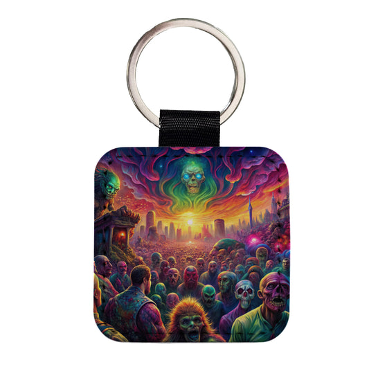 Psychedelic Zombie Outbreak Square Faux Leather Keychain