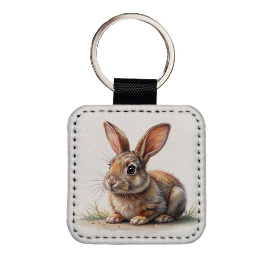 Rabbit Bunny Illustration Square Faux Leather Keychain