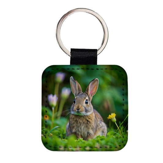 Rabbit Bunny Photo Square Faux Leather Keychain