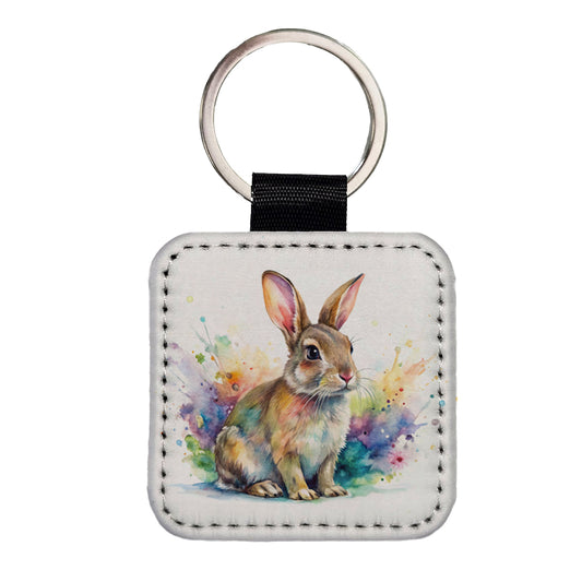 Rabbit Bunny Watercolor Square Faux Leather Keychain