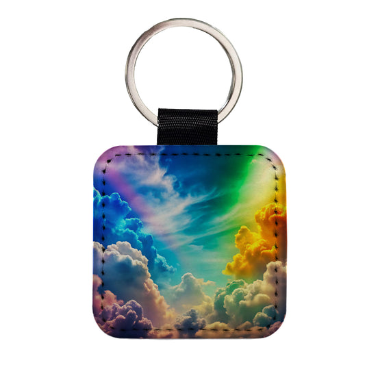 Rainbow Clouds Square Faux Leather Keychain