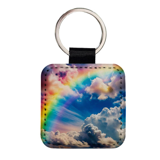 Rainbow in Cloudy Sky Square Faux Leather Keychain