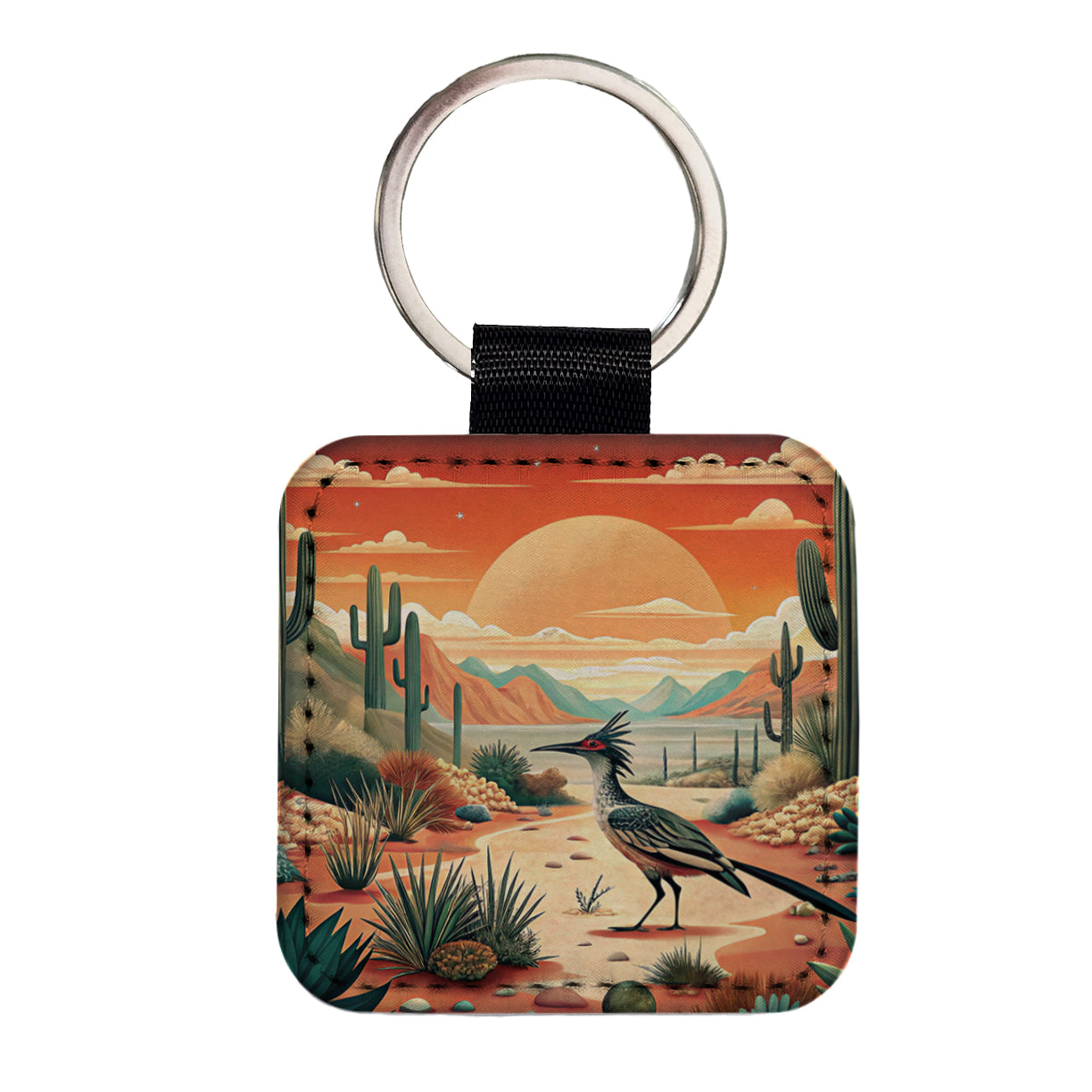 Southwestern Desert Sunrise Roadrunner Design Square Faux Leather Keychain