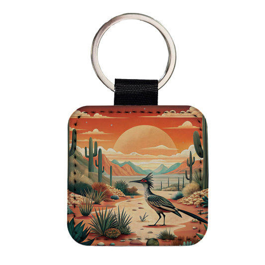 Southwestern Desert Sunrise Roadrunner Design Square Faux Leather Keychain