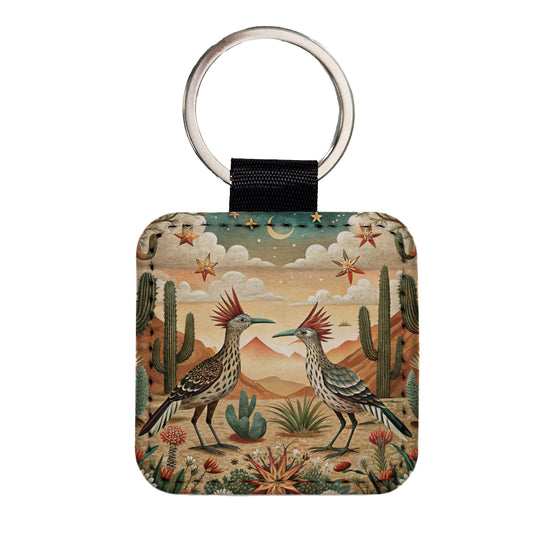 Southwestern Desert Tribal Roadrunners Design Square Faux Leather Keychain