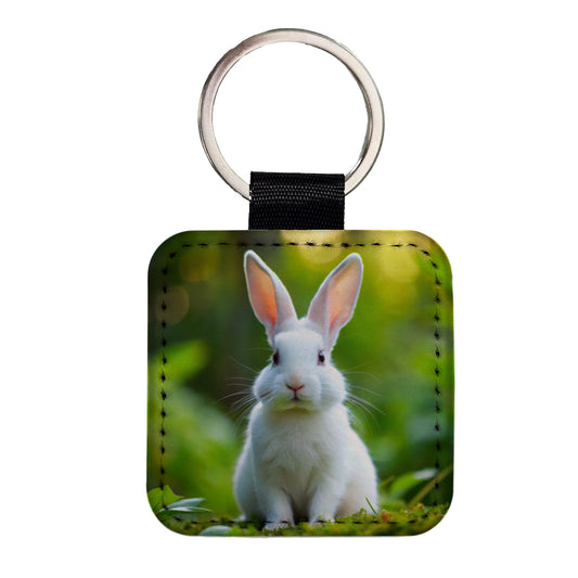 White Bunny Rabbit Square Faux Leather Keychain