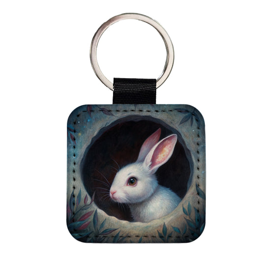 White Rabbit Bunny In A Dark Hole Square Faux Leather Keychain