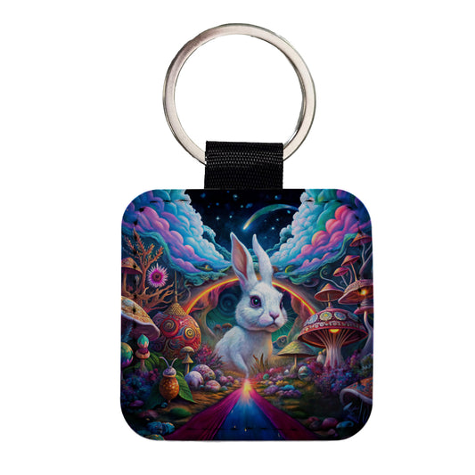 White Rabbit Psychedelic Trippy Wonderland Design Square Faux Leather Keychain