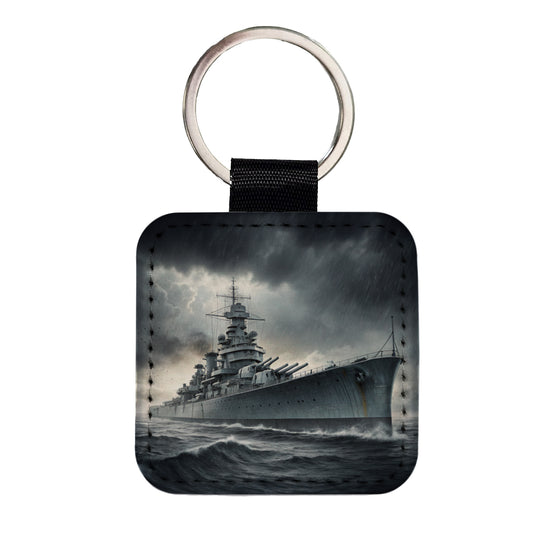 WWII Battleship At Sea Square Faux Leather Keychain