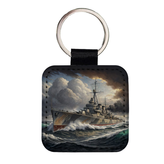 WWII Destroyer at Sea Square Faux Leather Keychain