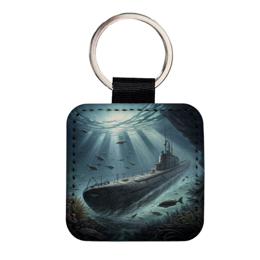 WWII German U-Boat Submarine Square Faux Leather Keychain