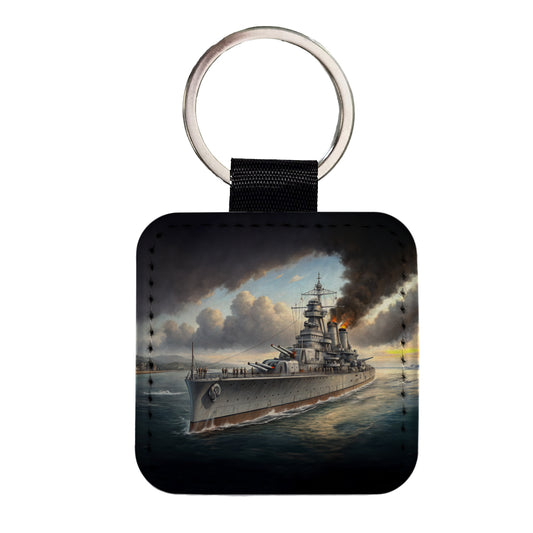 WWII Heavy Cruiser Square Faux Leather Keychain