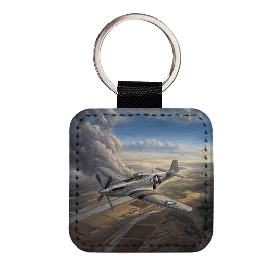 WWII Mustang Fighter Plane In Flight Square Faux Leather Keychain