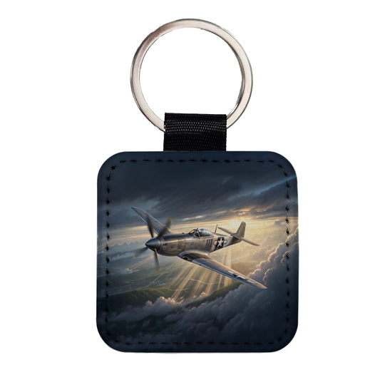 WWII Mustang US Air Force Fighter Plane In Flight Square Faux Leather Keychain