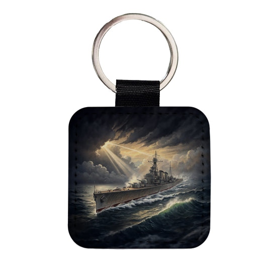WWII Navy Destroyer After Storm Square Faux Leather Keychain