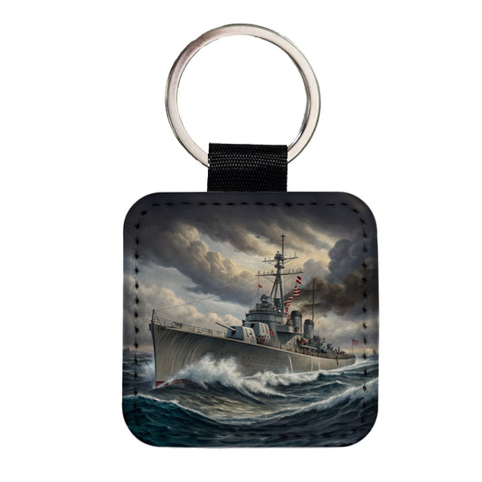 WWII Navy Destroyer Square Faux Leather Keychain