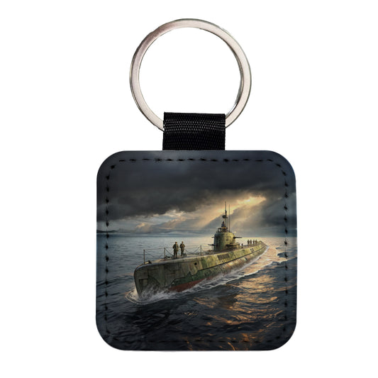 WWII Submarine Running On Surface Square Faux Leather Keychain