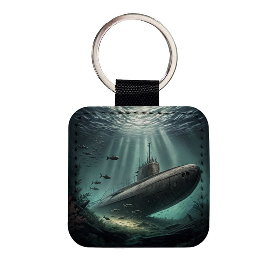 WWII Submarine Submerged Underwater Square Faux Leather Keychain