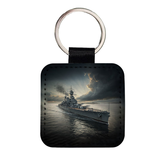 WWII US Navy Battleship At Sea Square Faux Leather Keychain