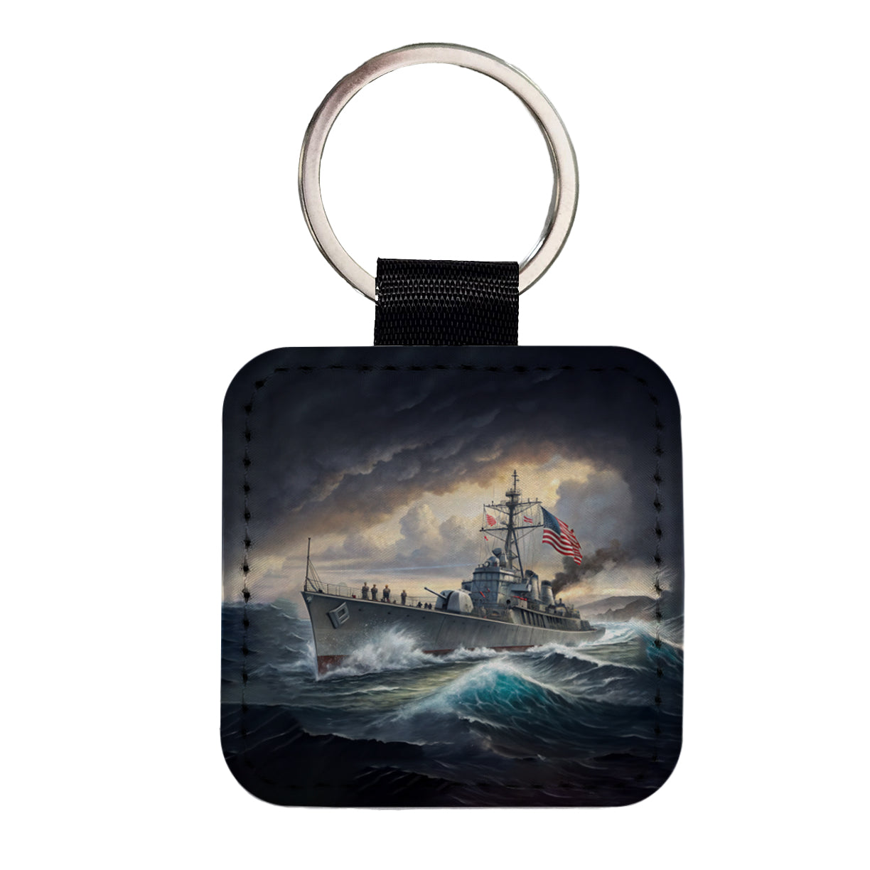 WWII US Navy Destroyer at Sea Square Faux Leather Keychain