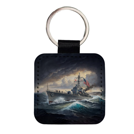 WWII US Navy Destroyer at Sea Square Faux Leather Keychain