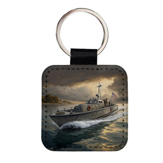 WWII US Navy PT Patrol Boat Square Faux Leather Keychain